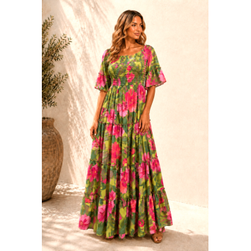 Rochie Boho style lunga din matase cu bust elastic