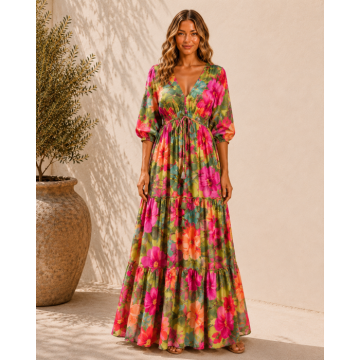 Rochie Boho style lunga din matase cu decolteu in V