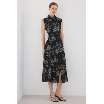 Rochie-camasa cu model floral - fara maneci - Negru/Alb murdar