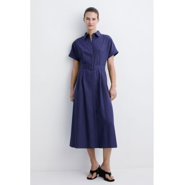 Rochie-camasa de in si lyocell cu o curea in talie - Bleumarin