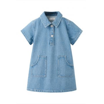 Rochie-camasa dreapta din denim cu buzunare - Albastru deschis