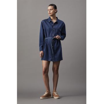 Rochie-camasa mini din amestec de lyocell cu maneci lungi - Albastru petrol