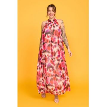 Rochie cu decolteu halter si model floral - Multicolor