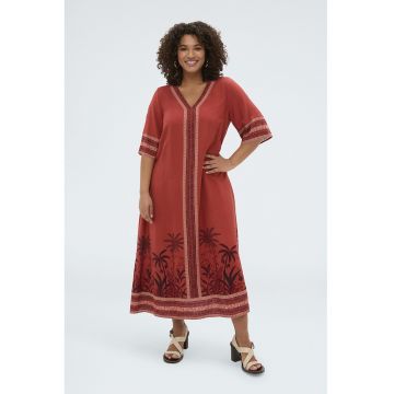 Rochie cu decolteu in V - maneci medi si model - Rosu inchis/Rosu vintage