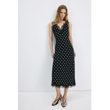 Rochie cu decolteu in V si buline - Alb/Negru