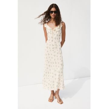 Rochie cu decolteu in V si model floral - Alb fildes/Albastru lavanda/Verde feriga