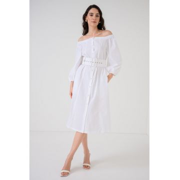 Rochie cu decolteu pe umar si buzunare laterale - Alb optic