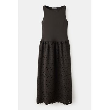 Rochie cu fusta brodata - fara maneci - Maro inchis