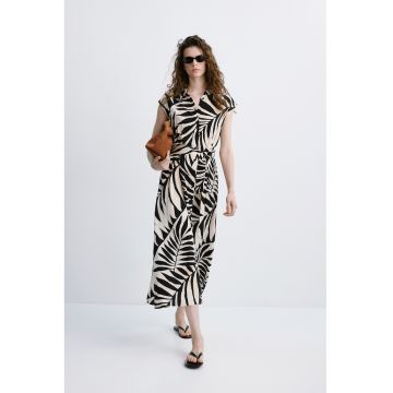 Rochie cu imprimeu tropical si nasturi - Alb fildes/Negru