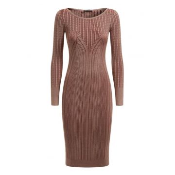 Rochie Dama -  Cambrata cu imprimeu si decolteu rotund - Rosu stins Rosu stins