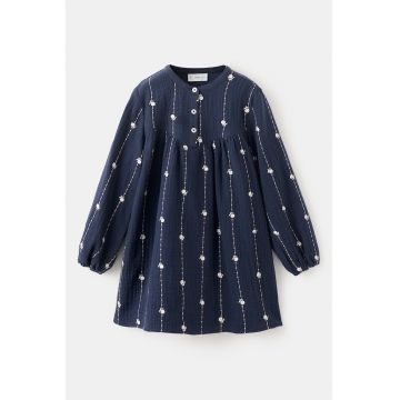 Rochie de bumbac cu broderii florale - Alb murdar/Bleumarin