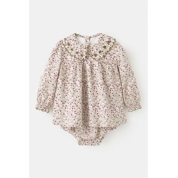 Rochie de bumbac cu design floral - Piersica/Violet tyrian/Verde sparanghel