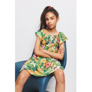Rochie de bumbac cu imprimeu tropical - Verde/Multicolor