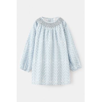 Rochie de bumbac cu model - Alb murdar/Albastru deschis