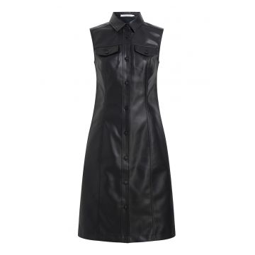 Rochie de piele ecologica fara maneci cu buzunare cu clapa - Negru