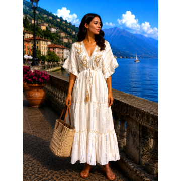 Rochie de vara alba cu broderie florala aurie