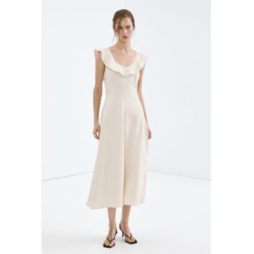 Rochie din amestec de in cu decolteu cu volane - Crem