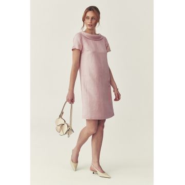 Rochie din amestec de in cu decolteu rotund - Roz pastel