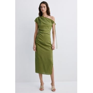 Rochie din amestec de lyocell si in cu decolteu pe un umar - Verde masliniu