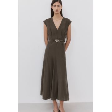Rochie din amestec de modal cu decolteu in V si maneci scurte - Maro taupe