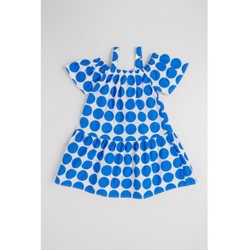 Rochie din bumbac cu decolteu pe umeri - Alb/Albastru