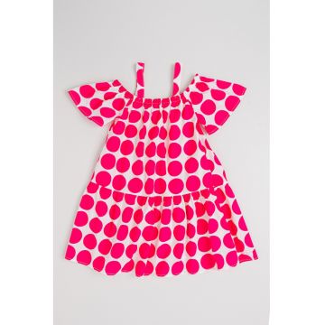 Rochie din bumbac cu decolteu pe umeri - Alb/Roz aprins