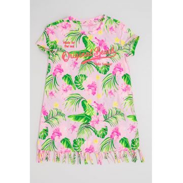 Rochie din bumbac cu imprimeu si franjuri - Verde neon/Roz deschis