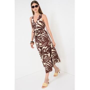 Rochie din in cu imprimeu grafic - Maro/Bej