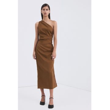 Rochie din lyocell cu decolteu pe un umar - Maro