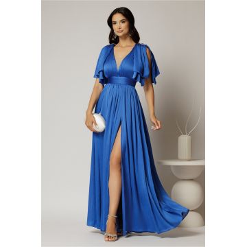 Rochie DY Fashion albastra lunga de seara cu decolteu adanc si funde ample