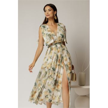 Rochie DY Fashion din voal creponat cu imprimeuri galbene si funde ample pe umeri