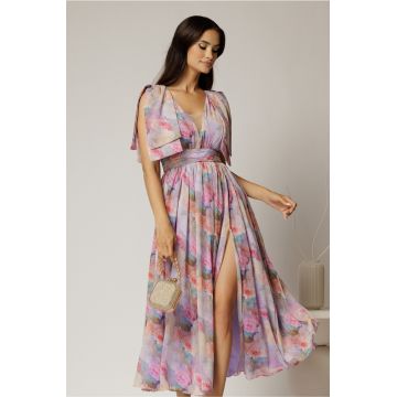 Rochie DY Fashion din voal creponat cu imprimeuri lila si funde ample pe umeri
