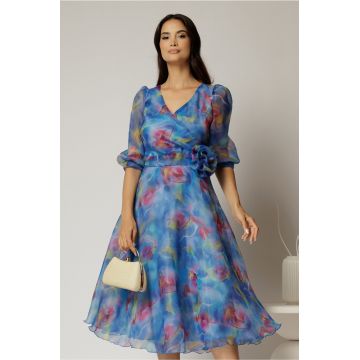 Rochie DY Fashion midi din organza cu imprimeuri albastre
