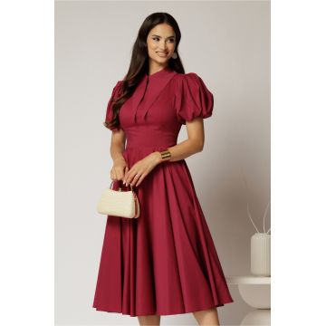 Rochie DY Fashion midi magenta din poplin cu guler ascutit si maneci scurte bufante