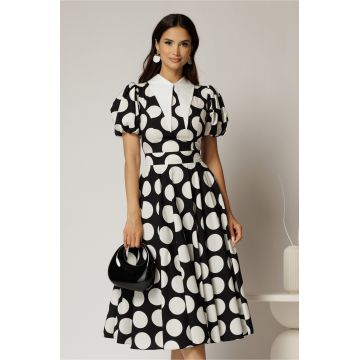 Rochie DY Fashion midi neagra cu buline din poplin cu guer ascutit si maneci scurte bufante