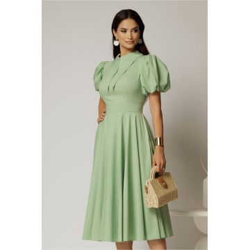 Rochie DY Fashion midi verde fistic din poplin cu guler ascutit si maneci scurte bufante