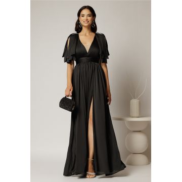 Rochie DY Fashion neagra lunga de seara cu decolteu adanc si funde ample