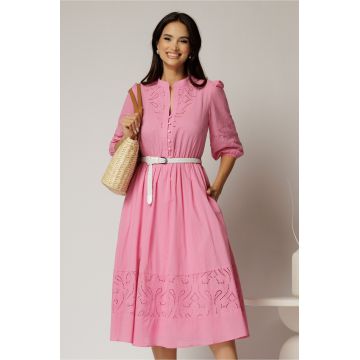 Rochie DY Fashion roz din bumbac cu insertii perforate si curea in talie