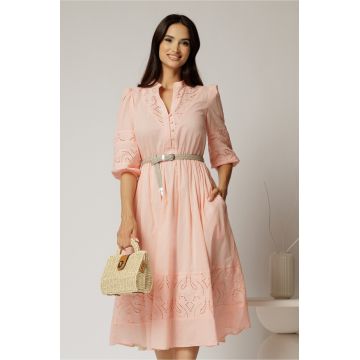 Rochie DY Fashion roz somon din bumbac cu insertii perforate si curea in talie