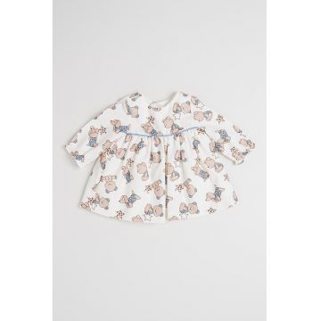 Rochie evazata cu model - Alb fildes/Albastru prafuit/Maro deschis