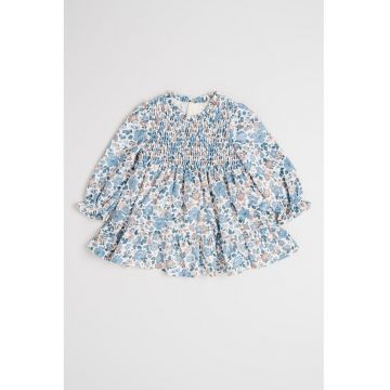 Rochie evazata cu model floral - Alb/Albastru prafuit/Maro deschis
