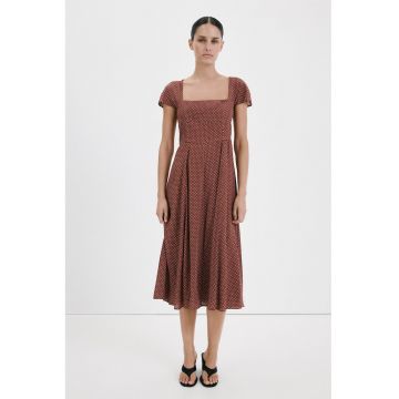 Rochie evazata cu model si decolteu patrat - Alb/Maro cognac