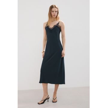 Rochie-furou de satin cu dantela - Bleumarin