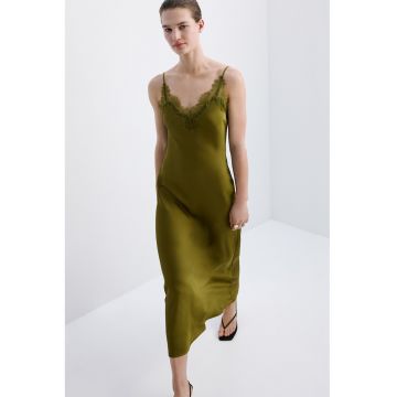 Rochie-furou de satin cu dantela - Verde masliniu