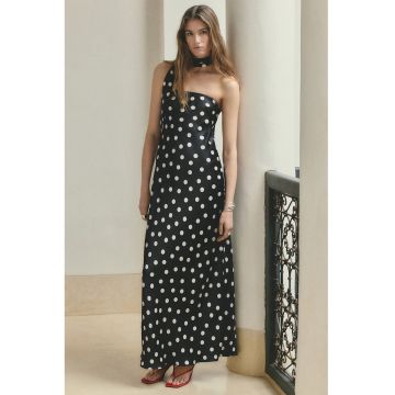 Rochie lunga cu buline si esarfa la decolteu - Alb/Negru
