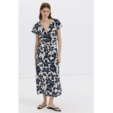 Rochie lunga cu model floral si decolteu in V - Alb/Bleumarin