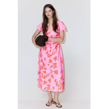 Rochie lunga cu model floral si decolteu in V - Portocaliu mandarina/Roz