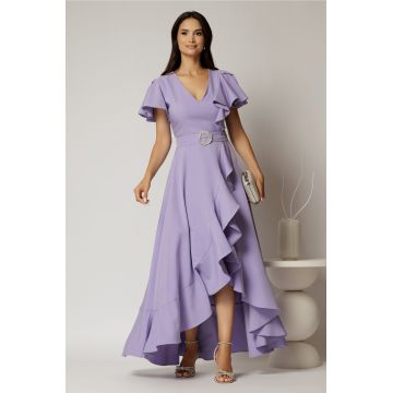Rochie lunga de ocazie din stofa lila cu volane si cordon in talie