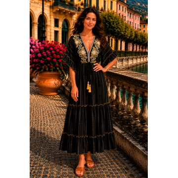 Rochie lunga de vara neagra cu broderie florala aurie