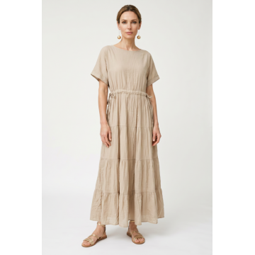 Rochie lunga din batist de bumbac cu talie subliniata, bej